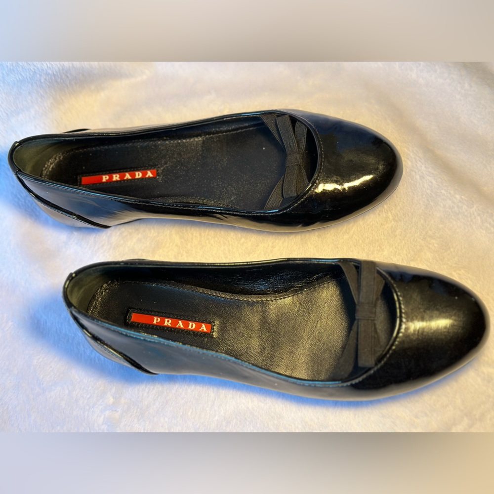 Black patent leather Prada ballet flats, 36.5, EUC